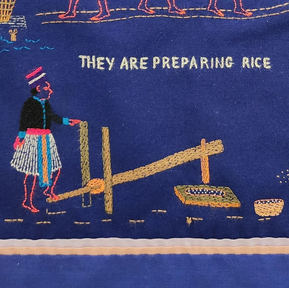 Handmade Pillow Cover Embroidered They Are Carrying Water Preparing Rice Zipper